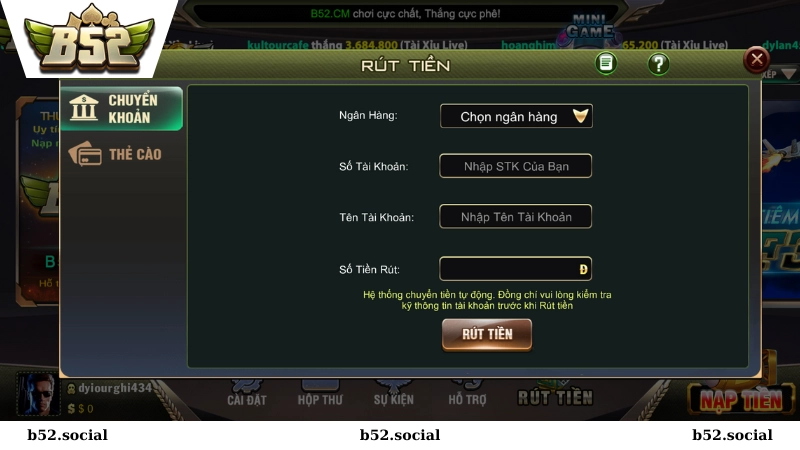 Rút tiền B52 Club về ngân hàng